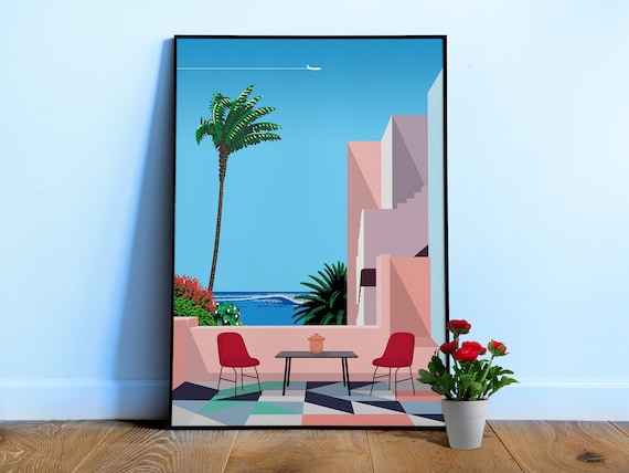 Cancun, Mexico — City Pop art, retrowave/vaporwave poster, 80s, aesthetic poster, Hiroshi Nagai inspired art, minimalist poster