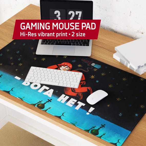 No God!, Gagarin, Soviet retro space print — Gaming Mouse Pad. Soviet Space Retro Desk Mat, USSR Cosmonaut Mousepad, Vintage Gamer Gift
