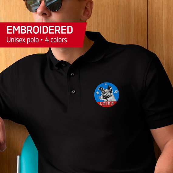 Laika embroidered T-shirt, Soviet space — Embroidered Men's Premium Polo, retro space, vintage space, space patch, Laika art, 1960s patch