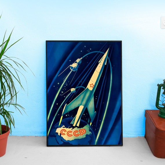 Soviet space, USSR 1958 — Soviet vintage space poster, soviet poster, propaganda poster, soviet retro space, space wall art