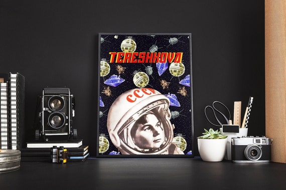 Tereshkova, first woman astronaut: Gagarin space art [Sovietwave] — Soviet vintage space poster, propaganda poster, Soviet space