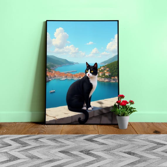 Black White Cat Poster – Mediterranean Coastal poster, Italian Seaside Wall Art / Cat Lover Home Decor, Tranquil Travel Art print