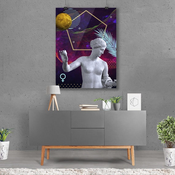 Venus God and Planet Poster – Synthwave mythology wall art, vaporwave decor, cosmic neon print, space aesthetic poster, 80s retro art