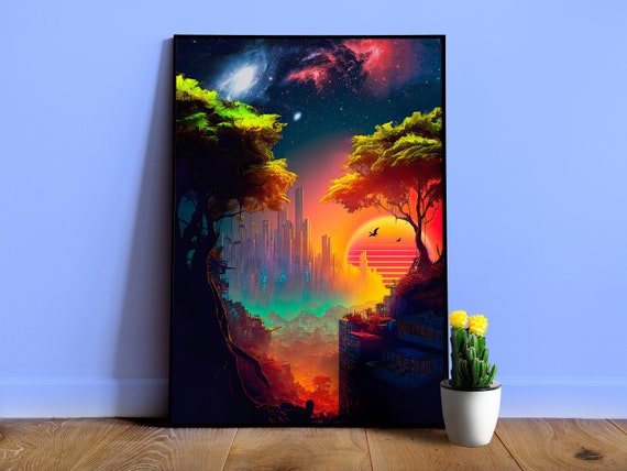 Synthwave cyberpunk city in a forest (Star Wars/Blade Runner style) — surreal space collage art, cosmic futuristic sci-fi collage