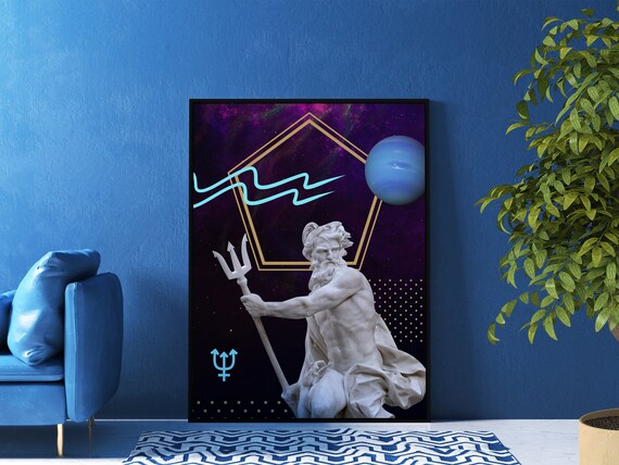 Neptune: God and Planet Poster – Synthwave mythology wall art, vaporwave decor, cosmic neon print, space aesthetic poster, 80s retro art