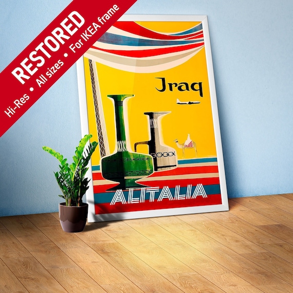 AlItalia (Italy, Air Lines), Iraq, 1960s — retro vintage travel poster, retro travel art, retro travel wall art