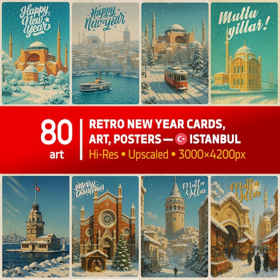 Winter Istanbul, Retro New Year cards Digital Download – 80 Retro Holiday Posters from Turkey, Hi-Res 2026 Printable Xmas Art Bundle