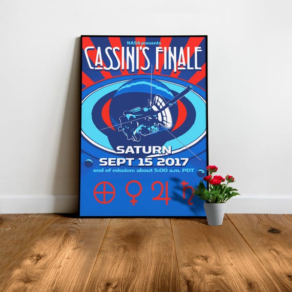 Cassini's Finale, Saturn 2017 — retro space poster, 1960s space travel print, nerdy gift for him with science mood