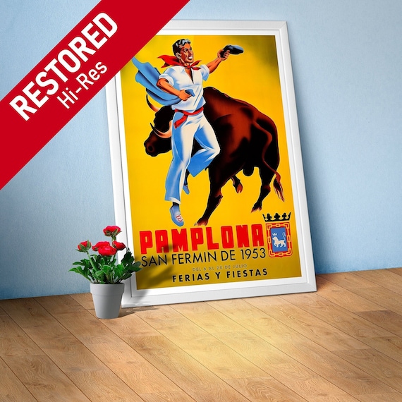 Spain poster, Pamplona, San-Fermin, 1953 — corrida retro travel poster, vintage travel poster, toreador print, torero wall decor