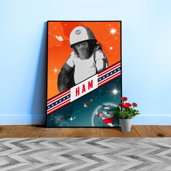 Ham, First chimp in space, USA 1961 — Vintage space poster, retro space art print, propaganda poster, retrofuturism, retro sci-fi