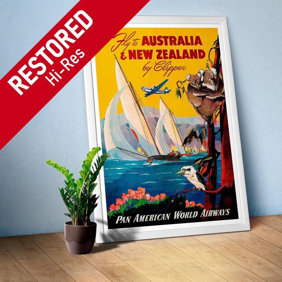 Australia & New Zealand by Clipper, 1950s (Pan American poster) — vintage travel poster, retro travel art, propaganda poster