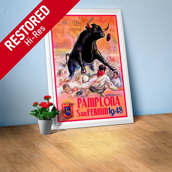 Spain, Pamplona, San-Fermin / Sanfermines, 1948 — Retro corrida travel poster, retro travel art, retro travel wall art, vintage travel print