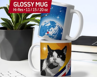 Felicette Space Cat Mug — First Cat in Space, France 1963 Retro Space Art, French Vintage Poster Design — White Glossy Mug