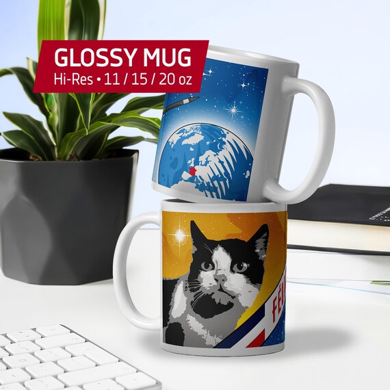 Felicette Space Cat Mug — First Cat in Space, France 1963 Retro Space Art, French Vintage Poster Design — White Glossy Mug