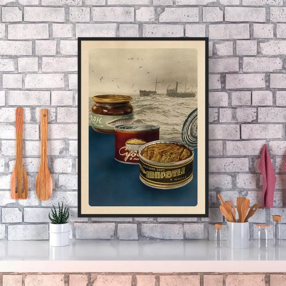 Soviet fish sprats, USSR 1952 — Soviet vintage food poster, kitchen prints, retro art print, propaganda poster