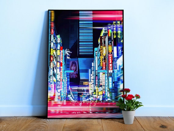 Neon night city: Tokyo, Japan (synthwave/vaporwave/retrowave/cyberpunk) — aesthetic poster, neon poster, photo art poster