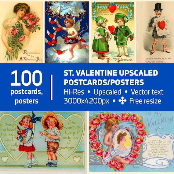 St. Valentine upscaled postcards/posters — 100 vintage Valentine’s Day Digital Downloads | Retro romantic prints, antique wall art
