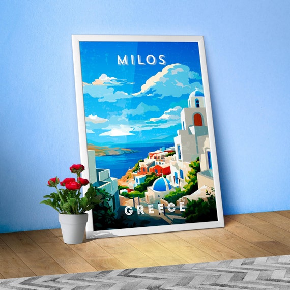 Greece, Milos — Retro travel minimalist poster, retro travel art, retro travel wall art, vector art