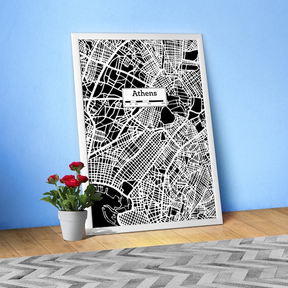 Athens(Greece), Hand Drawn City Map Poster — Black White Modern Urban Art, Print for Travel Lovers & Minimalist Wall Decor,Black city poster