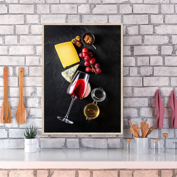 Red Wine and Cheese Wall Art – Italian Spanish Cuisine Poster, Rustic Kitchen Decor, Food Art Print, Minimalist Blackboard Style Kitchen Pos