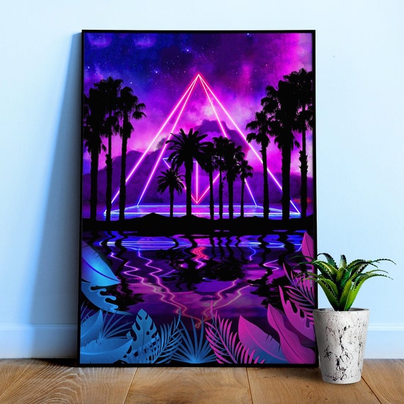 Neon palms landscape: Pyramid [synthwave/vaporwave/cyberpunk] — Aesthetic poster, retrowave poster, vaporwave poster, neon art, space poster