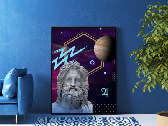Jupiter God and Planet Poster – Synthwave mythology wall art, vaporwave decor, cosmic neon print, space aesthetic poster, 80s retro art