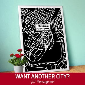 Montréal, affiche de carte de la ville dessinée à la main — Art urbain moderne noir et blanc, impression pour les amateurs de voyage et décoration murale minimaliste, affiche de ville noire