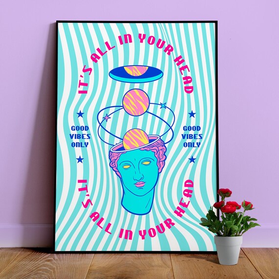 Good vibes only Poster — Retro quote print, Aesthetic Memphis design 80s wall art, bold color pop decor, feel good affirmation, vaporwave