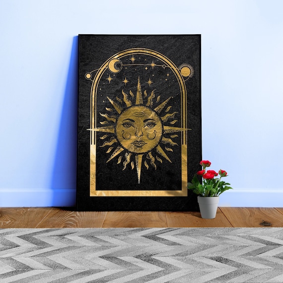 Mystical Gold Moon: Sun & Moon — tarot card, art deco poster, esoteric poster, spiritual art print, retro poster