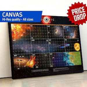 Kosmische kalender (Carl Sagan-stijl), evolutiekaart heelal: canvas. Wetenschapsposter, ruimteposter, astronomie, wetenschapscadeaus, nerdycadeaus