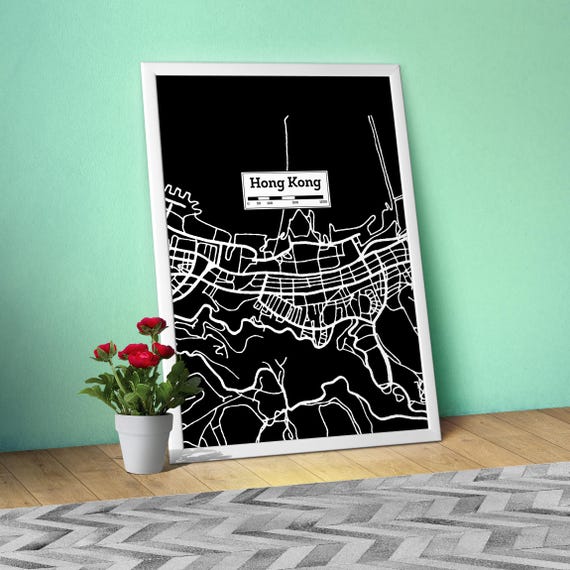 Hong Kong, Hand Drawn City Map Poster — Black White Modern Urban Art, Print for Travel Lovers and Minimalist Wall Decor, Black city poster