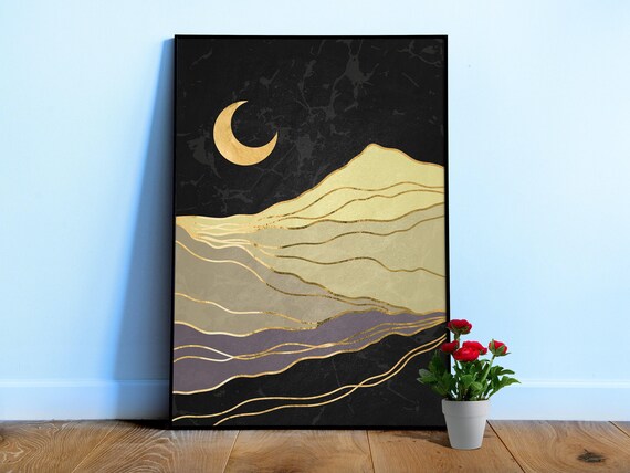 Golden landscape with moon #2 — Japanese golden poster, travel poster, aesthetic poster, landscape poster, wall art print