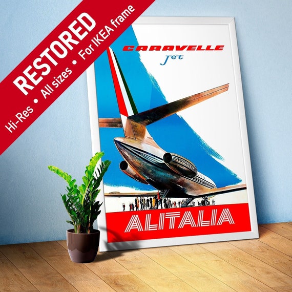 AlItalia (Italy, Air Lines), Caravelle Jet, 1960s — retro vintage travel poster, retro travel print, retro travel wall art