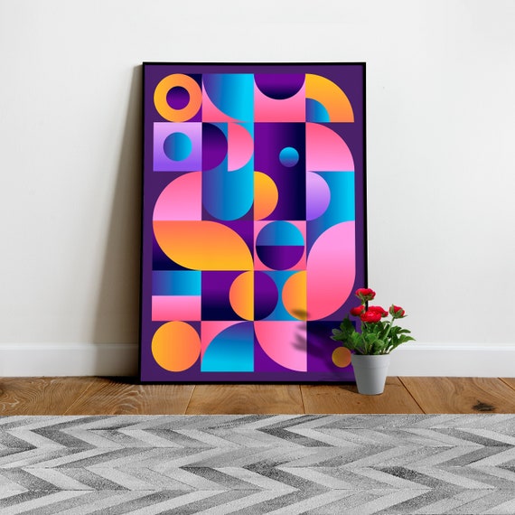 Synthwave Bauhaus Neon poster #1 (dark purple-pink) — abstract poster, retrowave print, vaporwave geometric art, 1980s print, 1930s decor