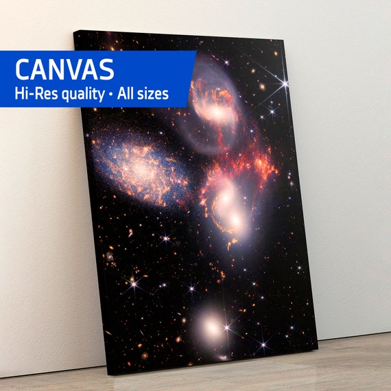 Stephan’s Quintet. Hickson Compact Group 92 (James Webb/JWST) — Canvas. Space poster, science poster, space photo, space art, jwst picture