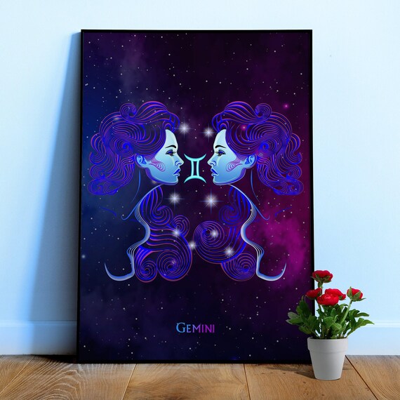 Gemini — Zodiac neon sign poster, astrology poster, neon poster, space poster, synthwave, retrowave