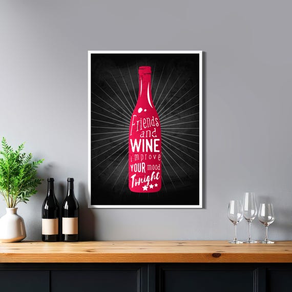 Wine Lettering Print — Wine Lover Poster, Chalkboard Kitchen Print, Home Bar Artwork, Grape Vine Wall Art, Rustic Dining Room Gift