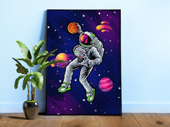 Funny Astronaut Poster: Astrodunk basketball — Retro space print, surreal moon art, galaxy wall decor, astronaut gift, 80s neon aesthetic
