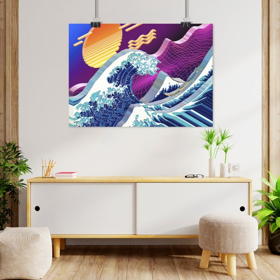 Isometric Synthwave: The Great Wave off Kanagawa [synthwave/vaporwave/cyberpunk] — synthwave aesthetic poster, retrowave poster, neon poster
