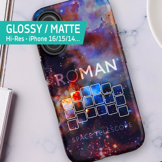 Nancy Grace Roman Space Telescope iPhone case with nebula+logo — Tough Case for iPhone 16/15/14 (Glossy/Matte), iPhone NASA space case