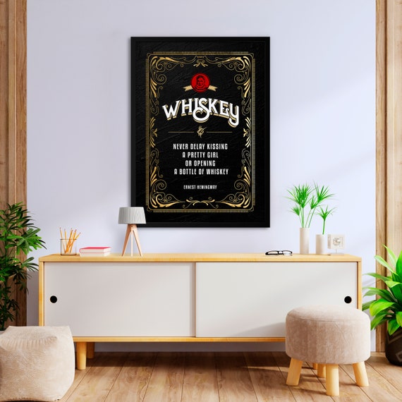 Ernest Hemingway whiskey quote poster — Gold vintage label wall art on black, bar decor print, romantic drink humor for home or lounge