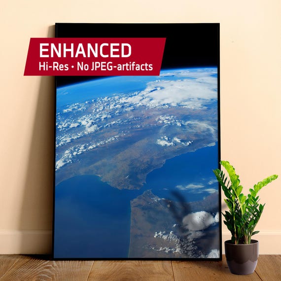 Strait of Gibraltar from orbit, NASA ISS-40 — Space poster. Earth space wall art, Surface of the Earth from orbit, nerdy gift for him