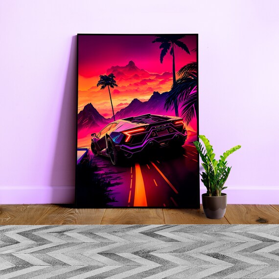 Synthwave aesthetic sport car poster [synthwave/vaporwave/cyberpunk] — anime poster, aesthetic art print, video game poster, neon light