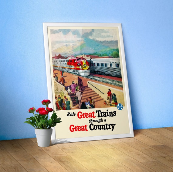 Santa Fe Railway, USA 1950s — retro train poster, vintage train art, vintage train art, train print, retro travel wall art