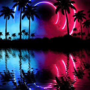Neon landscape: Palms & Arc [synthwave/vaporwave/cyberpunk] — aesthetic poster, retrowave poster, vaporwave poster, neon poster