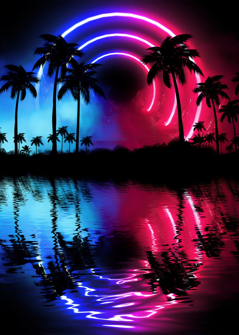 Neon landscape: Palms & Arc [synthwave/vaporwave/cyberpunk] — aesthetic poster, retrowave poster, vaporwave poster, neon poster