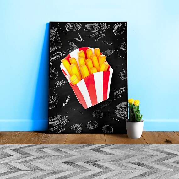 French fries Poster — Plastic 3D Food Kitchen Poster, Blackboard Wall Art, Aesthetic Minimalist Print