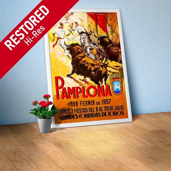 Spain poster, Pamplona, San-Fermin, 1957 — corrida retro travel poster, vintage travel poster, toreador print, torero wall decor