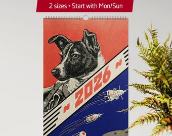 2026 Soviet space Calendar – Retro Sci-Fi Wall Calendar with Vintage USSR Space Art, 1950s 60s Space Age Laika Design,Gift for Sci-Fi Lovers