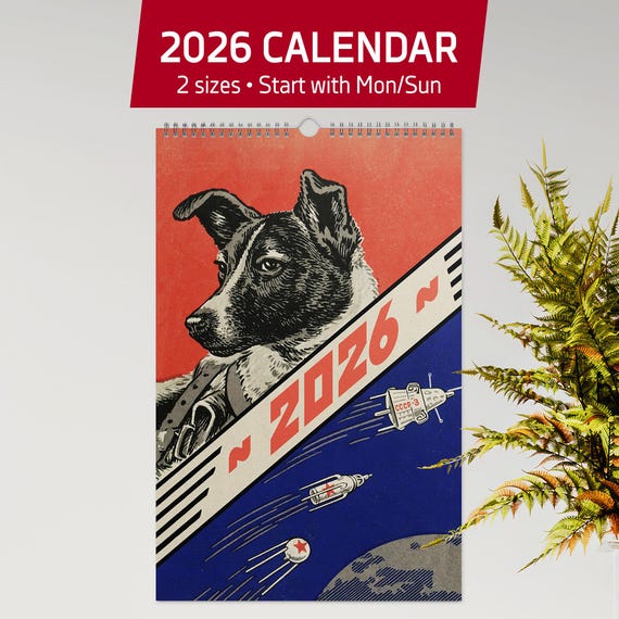 2026 Soviet space Calendar – Retro Sci-Fi Wall Calendar with Vintage USSR Space Art, 1950s 60s Space Age Laika Design,Gift for Sci-Fi Lovers